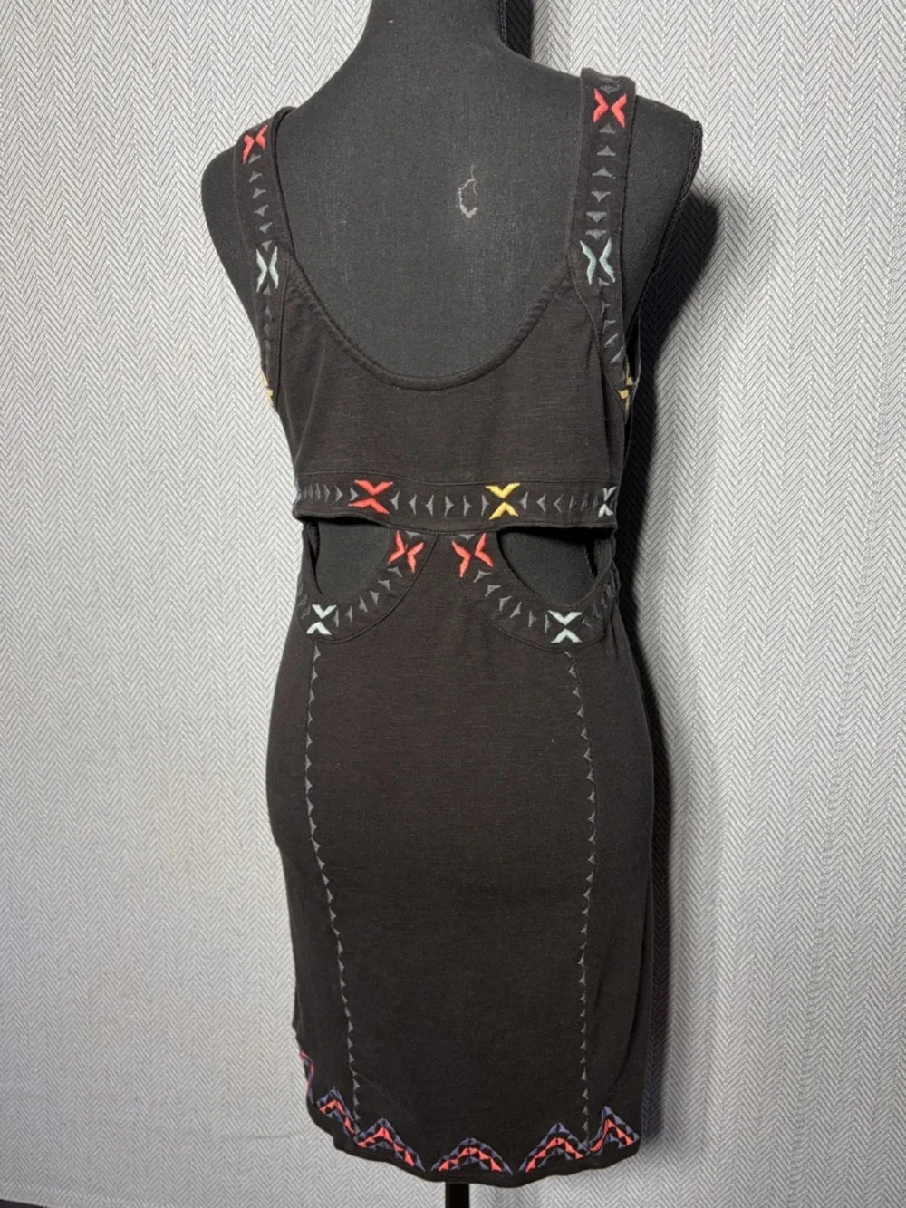 Free People Black Embroidered Open Back Bodycon Mini Dress Boho Festival - Picture 2 of 4